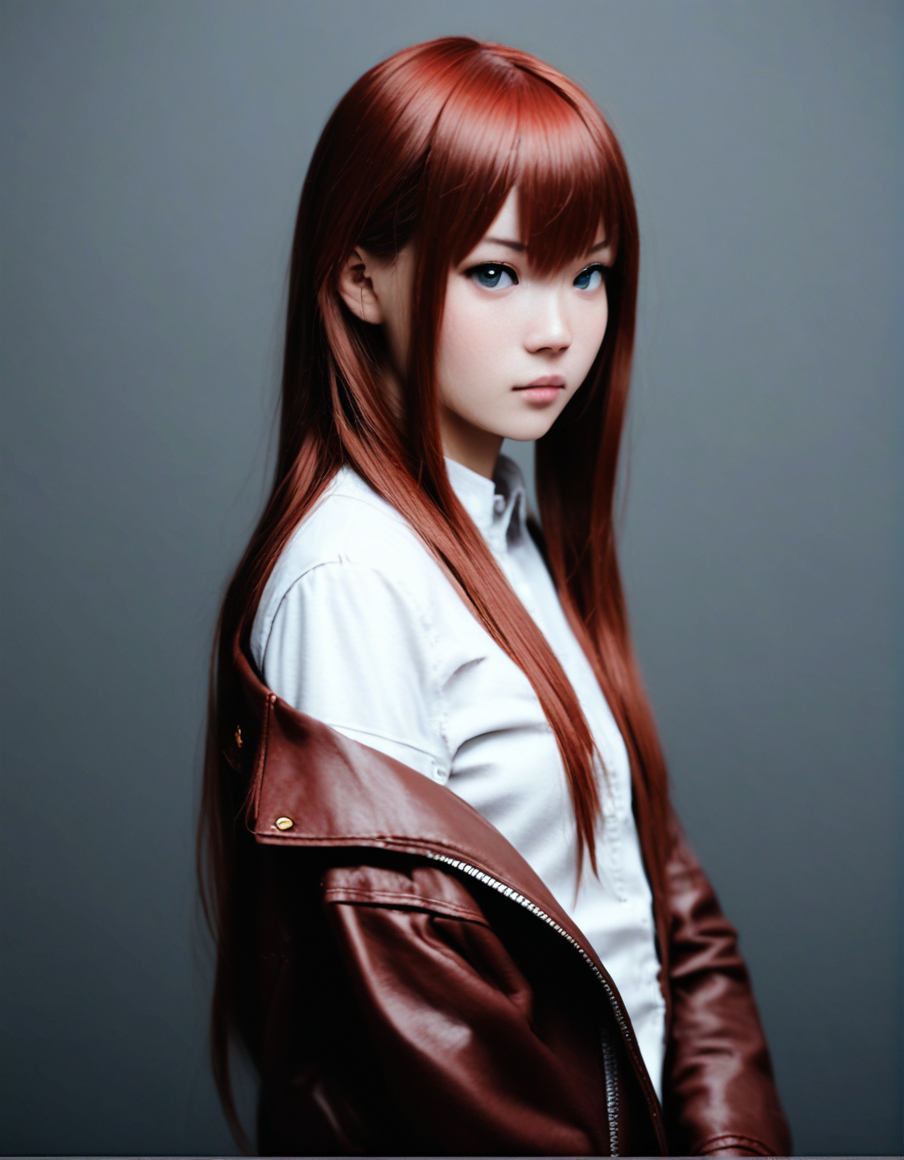<lora:a31cosv2_last:2>,
cute japanese girl,
1girl, solo, long hair, shirt, makise kurisu,blue eyes, white shirt, upper body, jacket, off shoulder, looking at viewer, collared shirt, closed mouth, bangs, hair between eyes, red hair, simple background, brown hair, breasts, from side, straight hair, expressionless, grey background, long sleeves, very long hair, small breasts, open clothes, looking to the side, dress shirt, wing collar