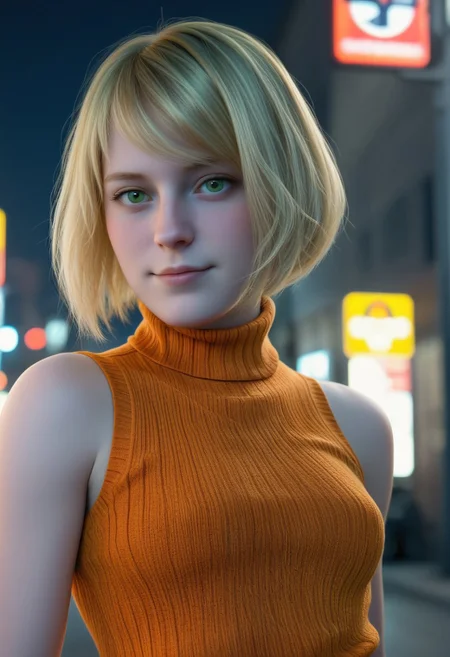 score_9, score_8_up, score_8_up, 1girl, solo, ((portrait)), skinny, (4shl3y_Gr4h4m_SKNSFW:0.9), [[[[freckles]]]], [[[[multiple moles]]]], short hair, blonde hair, green eyes, swept bangs, curtained hair, bob cut, flat chest, small breasts, [[[puffy nipples]]], sleeveless turtleneck, orange sweater, flirting, teasing,
BREAK,
[[[town, outdoors, street, night]]],