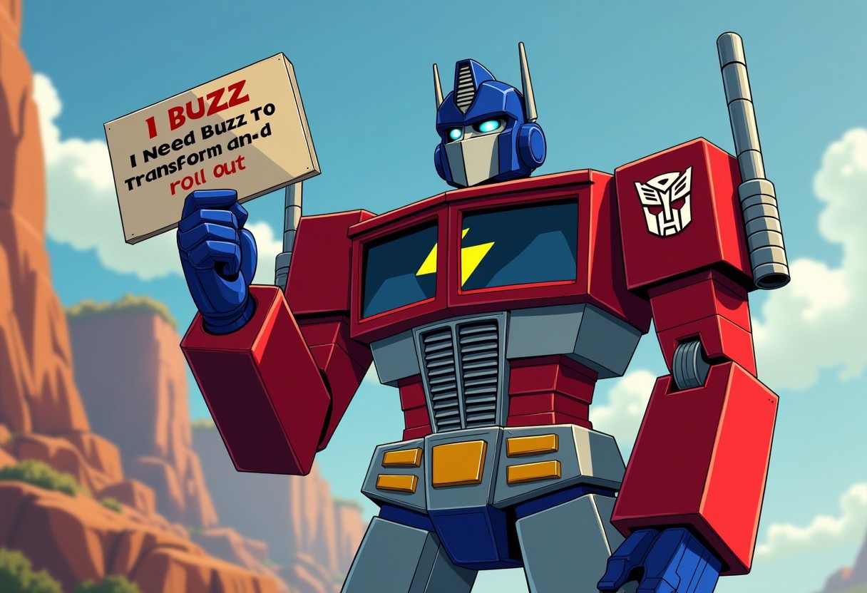 Set in the 1980s animation style of Transformers, Optimus Prime stands vigilant on a cliff, looking at the viewer with his Truck chest doors open from side to side. His mouth is covered by his iconic metal mouth guard. In the center of Optimus' empty chest, is Civitai's buzz logo (yellow lightning bolt). In one hand, Optimus holds up a very large card that says, "I need Buzz to transform and roll out". The word "Buzz" is large and Bold