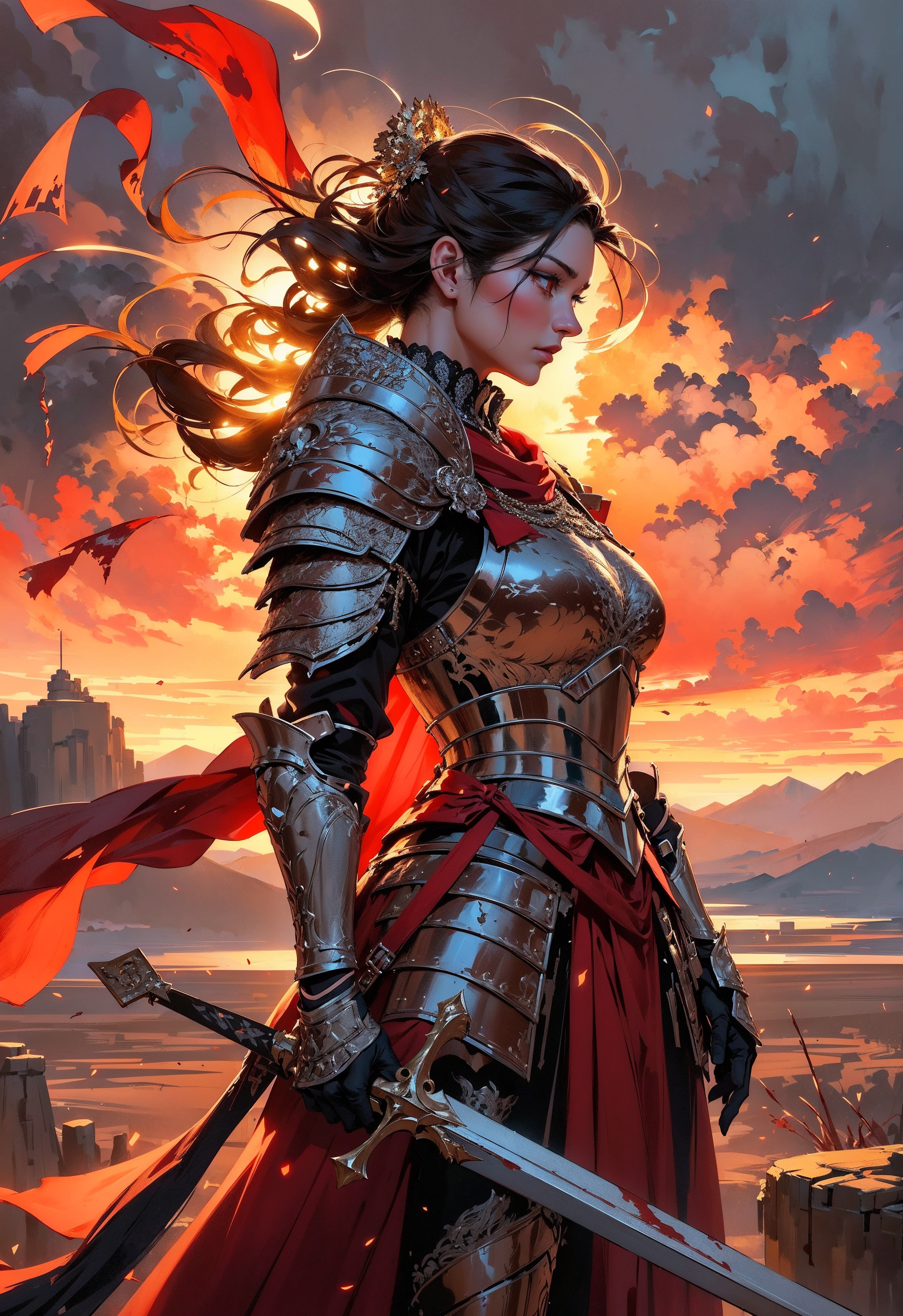 (in Krenz Cushart style:1.4), high quality, masterpiece, BREAK A female warrior-poet clad in ornate ceremonial armor, standing atop a cliff overlooking a battlefield with a blood-red sky, depicted in a style with bold brushstrokes, intense contrasts, and dynamic compositions, BREAK illuminated by the fiery glow of a setting sun, Painterly Romanticism Style, focusing on dramatic, emotional intensity and vivid contrasts between light and shadow,(elaborately detailed attire with extraordinary elements:1.1), (hyperdetailed:1.1), (intricate details:1.0), (Refined details:1.1), (best quality:1.1), (high resolution:1.2)