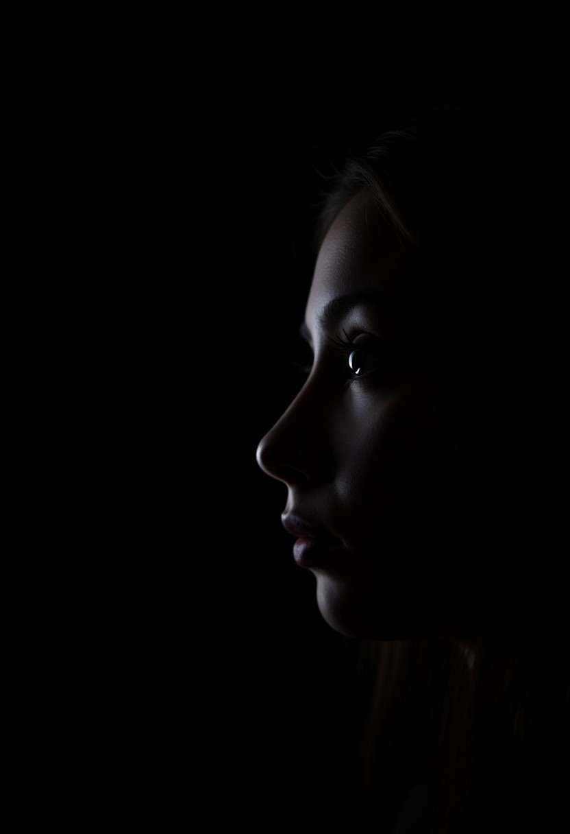 A realistic side profile of a girl against a black background, captured in low lighting, highlighting her face in a simple, moody portrait.