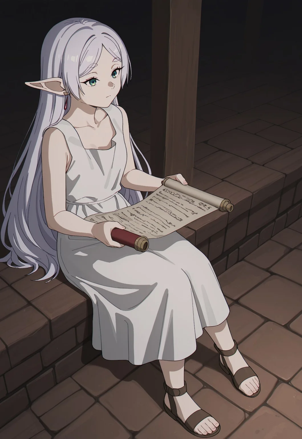masterpiece, best quality, amazing quality, very aesthetic, absurdres, dynamic angle, ultra-detailed, highly detailed, cinematic lighting, realistic shading, BREAK
brick ground, dark, sitting, holding scroll,
BREAK
WhiteDressFrieren, 1girl, elf, pointy ears, official alternate hairstyle, white hair, parted bangs, long hair, hair down, green eyes, small breasts, official alternate costume, white sundress, medium dress, sleeveless, loose clothes, brown sandals,