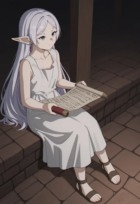 masterpiece, best quality, amazing quality, very aesthetic, absurdres, dynamic angle, ultra-detailed, highly detailed, cinematic lighting, realistic shading, BREAK
brick ground, dark, sitting, holding scroll,
BREAK
WhiteDressFrieren, 1girl, elf, pointy ears, official alternate hairstyle, white hair, parted bangs, long hair, hair down, green eyes, small breasts, official alternate costume, white sundress, medium dress, sleeveless, loose clothes, brown sandals, 