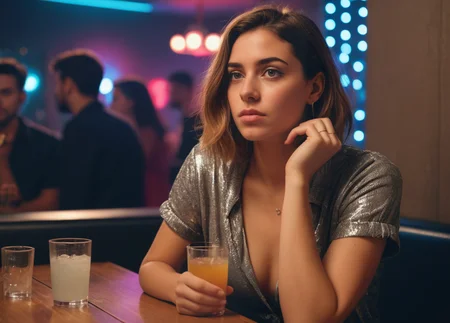 snapshot of an ((italian)) 28 y.o. cute woman (annoyed:1.5) at the disco. she is sitting in the corner alone with her drink, posted on reddit in 2018