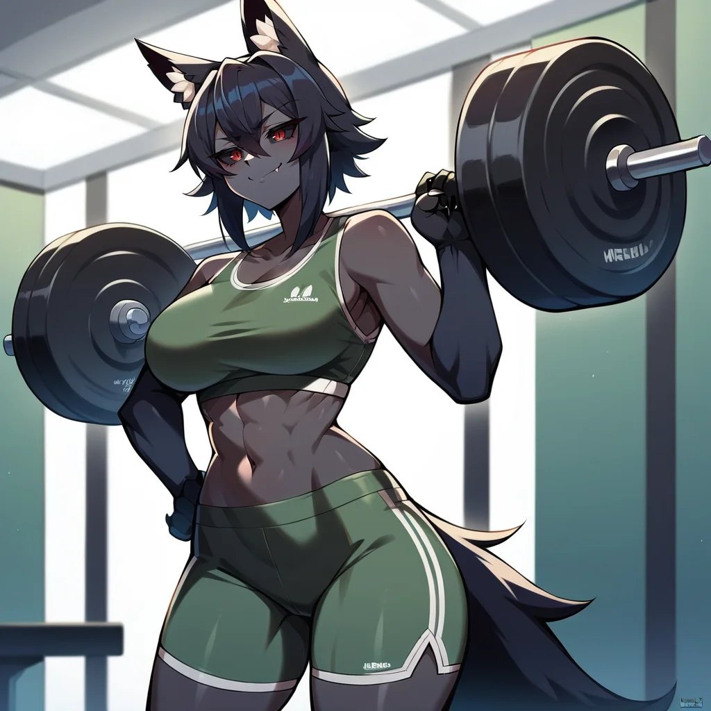 score_9, score_8_up, score_7_up, score_6_up, score_5_up, score_4_up, BREAK, <lora:Hellhound3300:1>, Hellhound, fang out, closed mouth, smug, athletic wear, bike shorts, large breasts, slim waist, athletic, wide hips, hand on hip, weightlifting, looking at viewer, cowboy shot, BREAK, highly detailed background, Gym, indoors, rating_safe