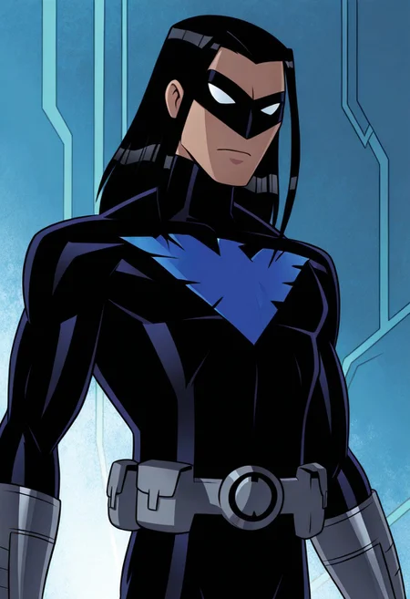 TT_Nightwing,1boy,solo,Black hair,long hair,domino mask,white eyes,no pupils,black bodysuit,blue chest symbol,grey utility belt,silver gloves,superhero