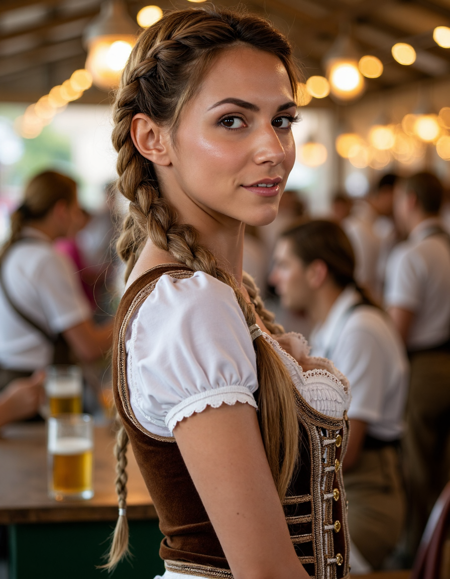 **Prompt:**
A woman  stands proudly in front of a traditional Bavarian backdrop, her long braid cascading down her back like a waterfall. She wears a intricately detailed dirndl attire, complete with delicate lace and embroidery, perfectly capturing the essence of Oktoberfest. Side view.
The camera captures her from a 45-degree angle, emphasizing her slender neck and shoulders as she gazes directly at the viewer. Soft, warm light from a nearby lantern casts a flattering glow on her skin, accentuating her high cheekbones and full lips.
In the background, the real Oktoberfest festivities unfold: revelers in traditional attire dance and sing around tables laden with steins of beer, while others play lively tunes on accordions and brass instruments. The atmosphere is electric, with vibrant colors and sharp lines that create a sense of depth and dimensionality.
As the camera lingers, it becomes clear that this woman is not just any festival-goer â she's the star of the show. Her dirndl attire is immaculately detailed, from the intricate patterns on her apron to the delicate flowers in her hair. Every stitch, every thread, every detail is meticulously rendered, creating a photorealistic masterpiece.
In a stunning double exposure effect, the woman's image is superimposed over a blurred background of revelers and festivities, creating an otherworldly sense of presence. The result is a truly cinematic scene that transports the viewer to the heart of Oktoberfest.
**Technical Specifications:**
* Resolution: 16k UHD
* Aspect Ratio: 1:1
* Frame Rate: 24fps
* Color Space: Rec. 2020
* Lighting: Soft, warm natural light with subtle highlights and shadows
This image is a true masterpiece, showcasing the artist's skill and attention to detail in capturing the essence of Oktoberfest. With its ultra-sharp lines, intricate details, and photorealistic quality, it's sure to be an award-winning work that leaves a lasting impression on all who see it.