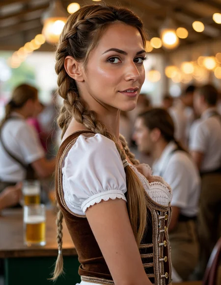 **Prompt:**
A woman  stands proudly in front of a traditional Bavarian backdrop, her long braid cascading down her back like a waterfall. She wears a intricately detailed dirndl attire, complete with delicate lace and embroidery, perfectly capturing the essence of Oktoberfest. Side view.
The camera captures her from a 45-degree angle, emphasizing her slender neck and shoulders as she gazes directly at the viewer. Soft, warm light from a nearby lantern casts a flattering glow on her skin, accentuating her high cheekbones and full lips.
In the background, the real Oktoberfest festivities unfold: revelers in traditional attire dance and sing around tables laden with steins of beer, while others play lively tunes on accordions and brass instruments. The atmosphere is electric, with vibrant colors and sharp lines that create a sense of depth and dimensionality.
As the camera lingers, it becomes clear that this woman is not just any festival-goer â she's the star of the show. Her dirndl attire is immaculately detailed, from the intricate patterns on her apron to the delicate flowers in her hair. Every stitch, every thread, every detail is meticulously rendered, creating a photorealistic masterpiece.
In a stunning double exposure effect, the woman's image is superimposed over a blurred background of revelers and festivities, creating an otherworldly sense of presence. The result is a truly cinematic scene that transports the viewer to the heart of Oktoberfest.
**Technical Specifications:**
* Resolution: 16k UHD
* Aspect Ratio: 1:1
* Frame Rate: 24fps
* Color Space: Rec. 2020
* Lighting: Soft, warm natural light with subtle highlights and shadows
This image is a true masterpiece, showcasing the artist's skill and attention to detail in capturing the essence of Oktoberfest. With its ultra-sharp lines, intricate details, and photorealistic quality, it's sure to be an award-winning work that leaves a lasting impression on all who see it.