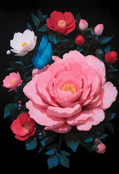 masterpiece, best quality, good quality, very awa, very aesthetic, absurdres, newest, flower, no_humans, rose, leaf, white_flower, plant, bug, red_flower, butterfly, pink_flower, realistic, pink_rose, blue_butterfly, still_life, camellia, berry, bud, peony_\(flower\)