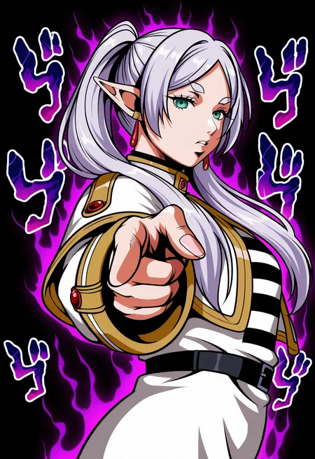 masterpiece, high quality, j0t4r0, pointing, from side, looking at viewer, jojo pose, 1girl, solo, frieren, araki hirohiko (style), menacing, aura, black background,