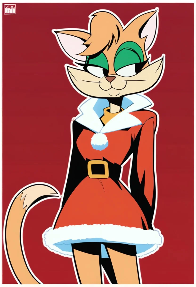 score_9, score_8_up, score_7_up, score_6_up, score_5_up, score_4_up, source_furry, Tabitha_Fantomcat, detailed eyes, detailed face, (retro artstyle, 1990s \(style\), flat color, toon \(style\),1girl, solo,cat tail, furry female, furry,short hair,black eyes, outline, smile,cat girl, red dress, fur trim, animal ears, long sleeves, border, dress, white outline, white border, red background, cowboy shot, outside border, belt, fur-trimmed sleeves, closed mouth, fur-trimmed dress, standing, simple background, looking to the side, short dress, looking at viewer, santa costume, body fur, sidelocks
<lora:tabitha-v1:1>