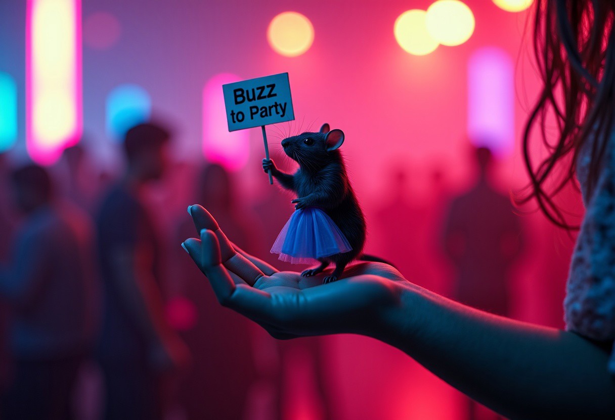 (highres, ultra-detailed, absurdres, depth of field, photoreal, masterpiece, source_photo), BREAK A tiny rat with neon club dress of Middle Ages on the girl's hand, holding sign board, sign that says "Buzz to Party" (complex background), foreshortening, depth of field, neon lights, lights beam in background, club view, light rays, realistic lighting, (close up