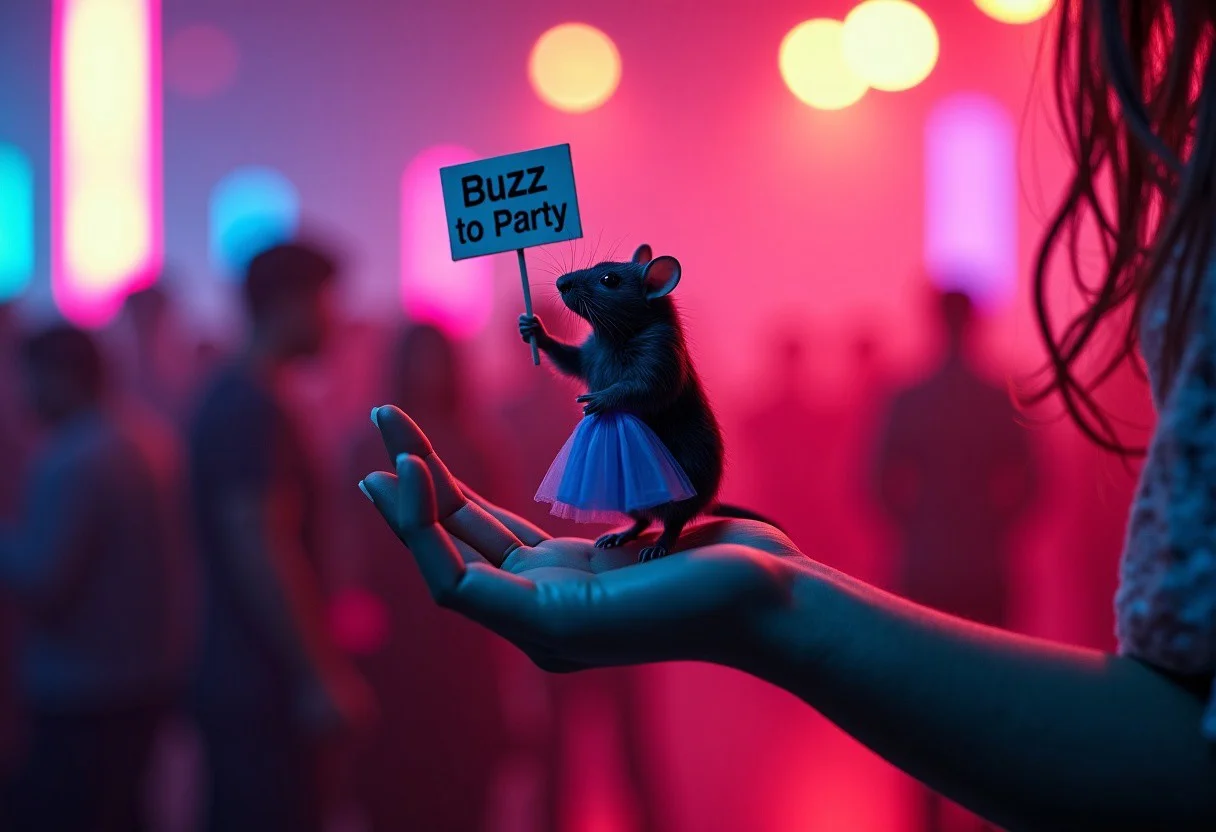 (highres, ultra-detailed, absurdres, depth of field, photoreal, masterpiece, source_photo), BREAK A tiny rat with neon club dress of Middle Ages on the girl's hand, holding sign board, sign that says "Buzz to Party" (complex background), foreshortening, depth of field, neon lights, lights beam in background, club view, light rays, realistic lighting, (close up