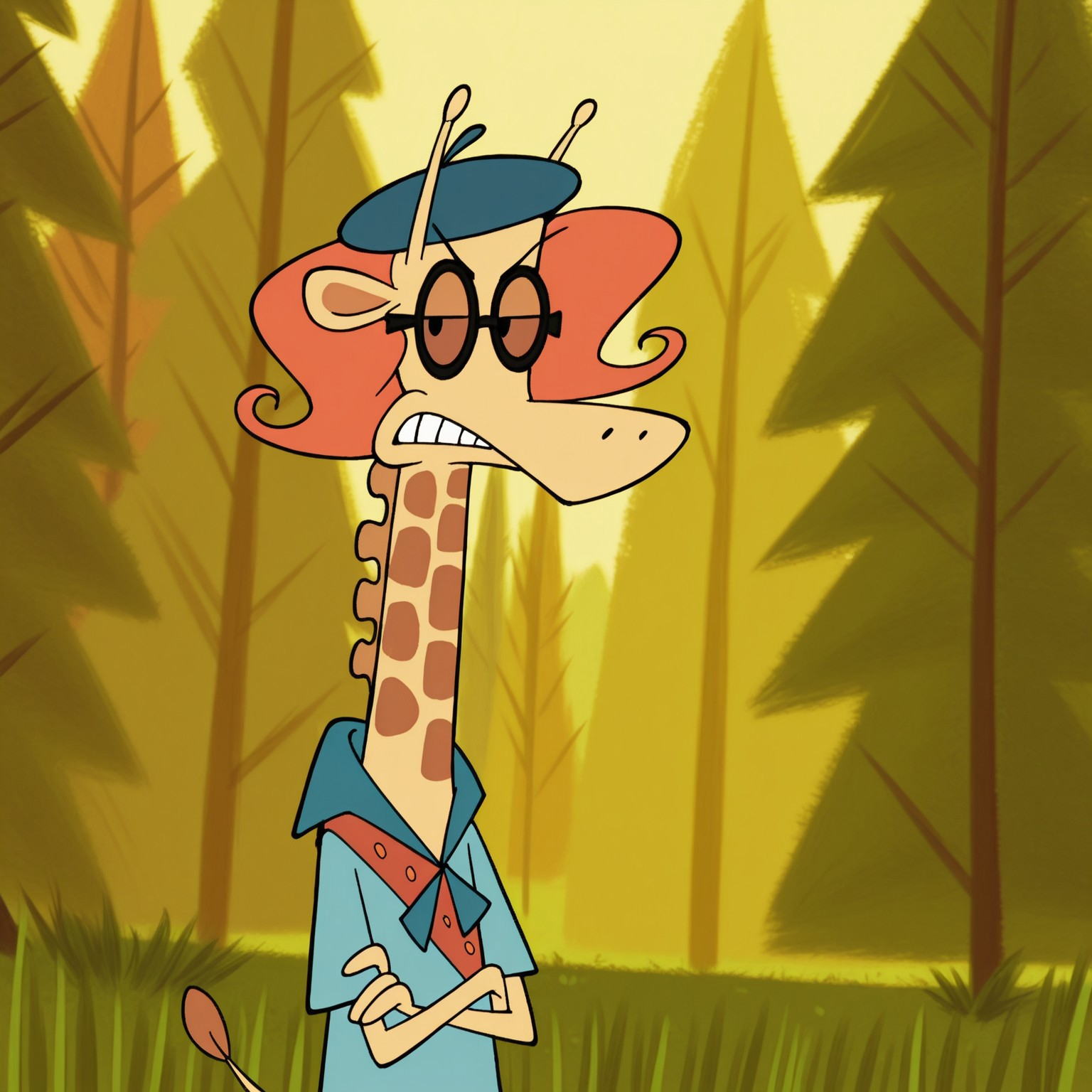 8k, uncensored, masterpiece, best quality, highly detailed, realistic, 1girl, solo, NinaCL, furry, anthro, female furry, giraffe, orange hair, black glasses, brown lens, black eyes, black eyebrows, thin eyebrows, yellow body, brown spots, skinny arms,  angry, teeth, closed mouth, dark-blue beret, blue topwear, scout outfit, (looking at viewer, standing, grass, forest, trees, front view, detailed background, flat chested, close-up, upper body, brown inner ear, (arms crossed, 4 fingers)
