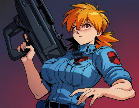masterpiece, absurdres, best quality, refined digital art,  (traditional media, digital media \(artwork\):0.6), solo, female focus, holding boys anti tank rifle, stance, aiming,  trigger discipline, upper body, 
1girl, seras victoria, army uniform, blue jacket, large breasts, skin tight,  red eyes,   intricate composition, soft colors, anime aesthetic, highly detailed face, vampire, muscular female, 
(artist: hungry clicker, artist: optionaltypo:0.4),
 <lora:Hellsing classic Illustrious:0.5>