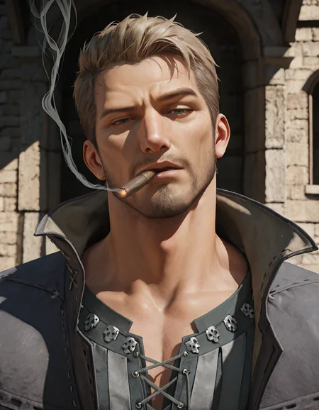 masterpiece, best quality, newest, detailed background, intricate details, male focus, realistic, solo, <lora:FFXVI - Cidolfus Telamon - Illustrious-000008:0.7>, cid_t, 1boy, mature male, green eyes, light brown hair, facial hair, jacket, shirt, portrait, outdoors, medieval city, head tilt, looking at viewer, come hither, (head back:0.5), smoking, thin cigar, raised eyebrow