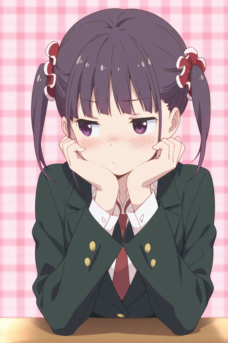 masterpiece, best quality, amazing quality,
<lora:Shizuku_IL:1> shizuku, 1girl, twintails, solo, necktie, school uniform, purple eyes, scrunchie, hair ornament, blush, purple hair, pink plaid background, black hair, head rest, blazer