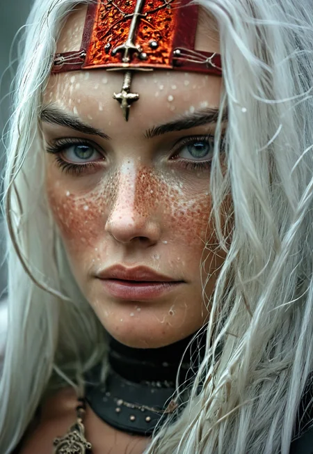 ral-neotlns, feudal Silk Road style, amazing quality, masterpiece, best quality, detailed hair, detailed skin, volumetric lighting, hyper detailed, ultra detailed, UHD, dof, hyper-realism, majestic, extremely detailed, subsurface scattering, awesome, inspiring, By night in a mystic floating particles forest, small luminous particles in darkness, A muscular, athletic beautiful blushed angry with freckles adorned closeup portrait of a nun with long white natural hair in reflective shiny translucent Armor Made of technical parts, cyberpunk cables and wires, stands in a storm, piercing eyes, looking at viewer, gnashing, lighting, Thunder electricity, high voltage, DARK, particles,. holds an old, impressively large translucent dark-red axe and shield in her hand, exuding a laid-back yet dangerous vibe. The photo features faded colors, with a limited palette of gray, beige, and washed-out red, capturing her cool, striking appearance.. cinematic composition, soft shadows, national geographic style,