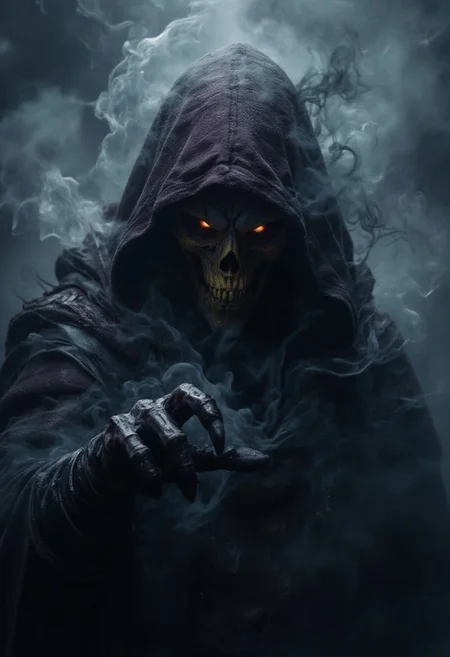 horror show, monster, nightmare, fear, Cinematic style
"A dark, hooded figure stands in the midst of thick fog. The creature's eyes glow with hellish fire, as if the darkness itself is pouring through them. Its face is covered in shadow, but from beneath the dark purple hood, a vicious yellow skull can be seen, twisted with malice. A clawed hand reaches forward, as if calling or cursing. Magical energy swirls around it, like smoke, poisoning the air with an ominous aura. This creature is an embodiment of horror, a creature of deep nightmares, guarding the secrets of an ancient curse."