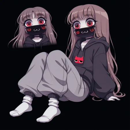 Paula,1girl,Brown hair,mask with :3 symbol,choker,bangs, hoodie,baggy gray pants,white socks,Long hair
Paula with red eyes in the middle of the darkness