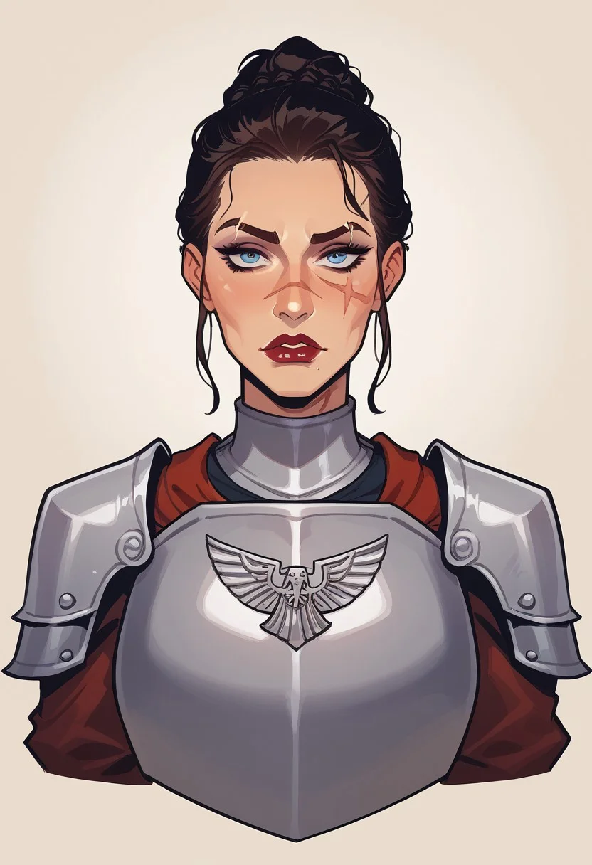 score_9, score_8_up, score_7_up, score_6_up, score_5_up, score_4_up, eye contact, looking at viewer, source_anime, naughty traditional art, lineart, DC, woman, rating_questionable, zPDXL, medieval office, knight lady, upper body portrait, scar over left eye, updo braid, knight armor, cuirass, gorget, pauldrons, breastplate, warhammer40kcommissar