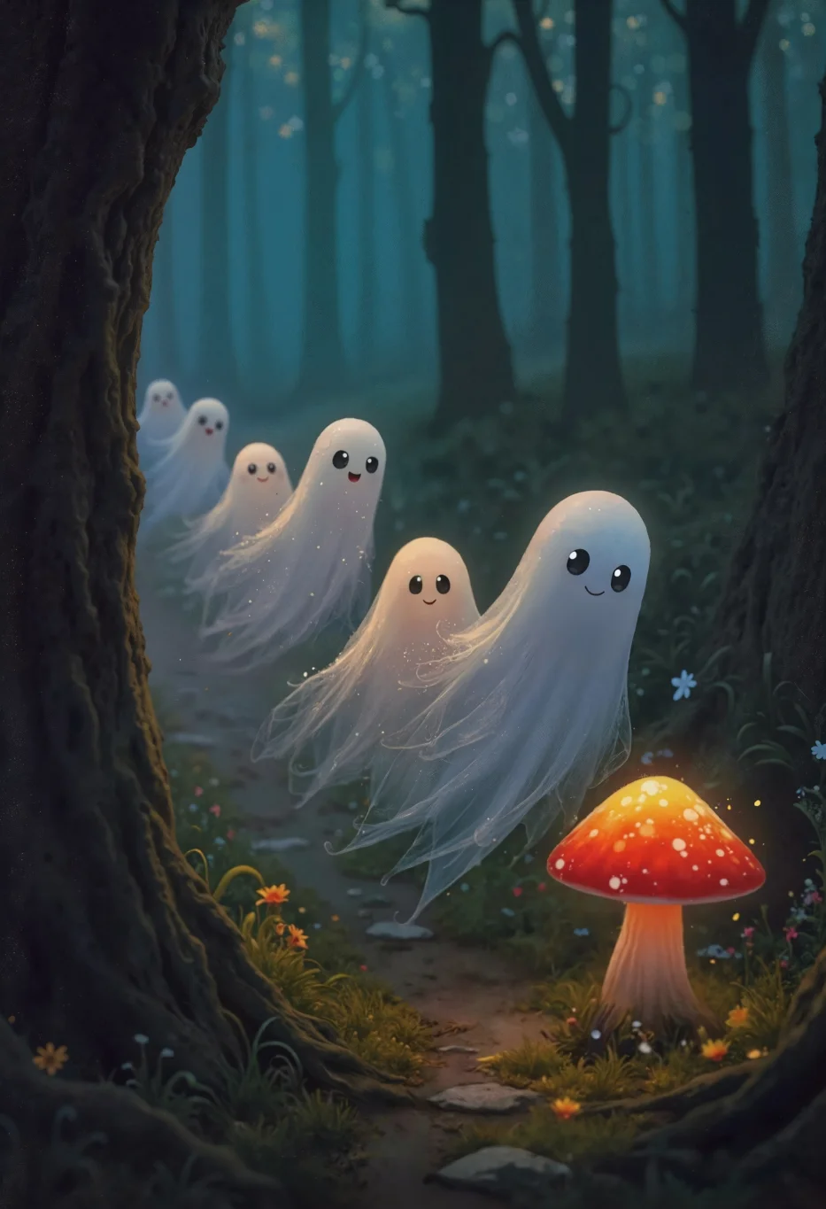 Whole scene has a dusty, aged quality, like a forgotten story. Rule of thirds, Whispers from the Deep, still life painting style, vibrant. Whimsical, cute ghosts, translucent, glowing, ethereal atmosphere, painterly style, soft brushstrokes, grainy, pixelated, vintage photo effect, deep shadows, subtle dust particles, The ghosts are floating in a single-file line, following a path lit by glowing mushrooms, warm flickering light, embers, orange and yellow hues, friendly expressions, gentle smiles, sense of camaraderie, childlike wonder, Hayao Miyazaki, Studio Ghibli, Rebecca Dautremer, Carson Ellis, Isabelle Arsenault, Chris Van Allsburg, magic realism, subtle texture, slightly rough canvas, "The Night Cafe" by Vincent van Gogh, "The Wanderer above the Sea of Fog" by Caspar David Friedrich, "Dance of the Fireflies"