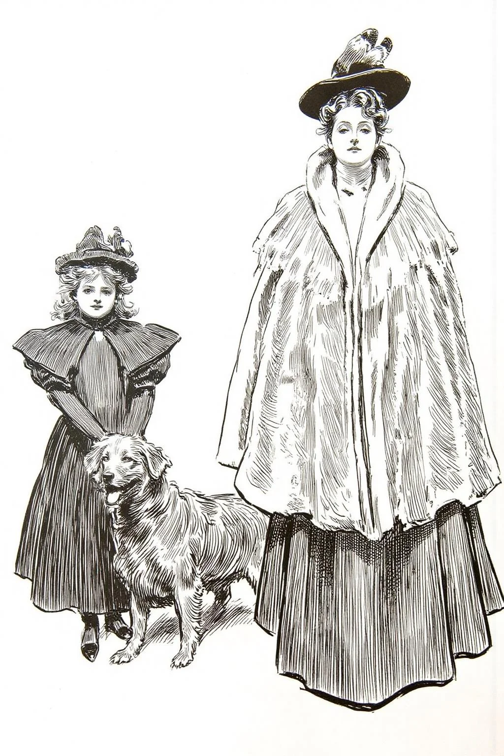 charlesdgibson1 illustration.
A woman, a young girl, and a dog are walking together. On the left, a young girl stands with a small, fluffy dog at her feet. She wears a dark, high-collared dress with puffed sleeves, cinched at the waist, and a wide skirt. On the right is a tall woman walking, wearing long skirts, a coat, and a wide-brimmed hat adorned with feathers. <lora:charlesdgibson1_cap_d8a4:1.0><lora:840178320156039857:0>