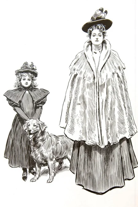 charlesdgibson1 illustration.
A woman, a young girl, and a dog are walking together. On the left, a young girl stands with a small, fluffy dog at her feet. She wears a dark, high-collared dress with puffed sleeves, cinched at the waist, and a wide skirt. On the right is a tall woman walking, wearing long skirts, a coat, and a wide-brimmed hat adorned with feathers. <lora:charlesdgibson1_cap_d8a4:1.0><lora:840178320156039857:0>