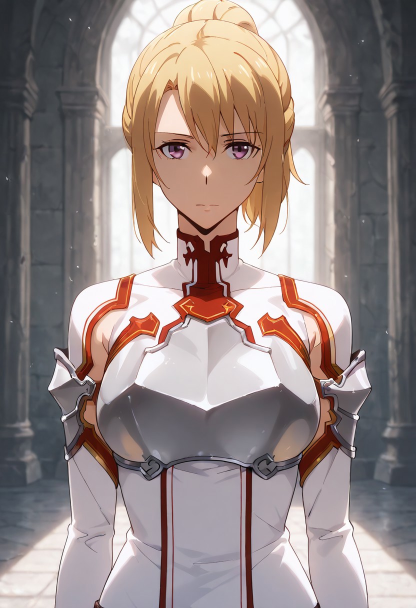 <lora:Hae In CHA:1>,
Hae-In CHA, Knights-of-the-Blood-Oath-uniform, solo, breasts, closed mouth, medium breasts, single hair bun, front view, purple eyes, blonde hair, high ponytail, standing, serious,
