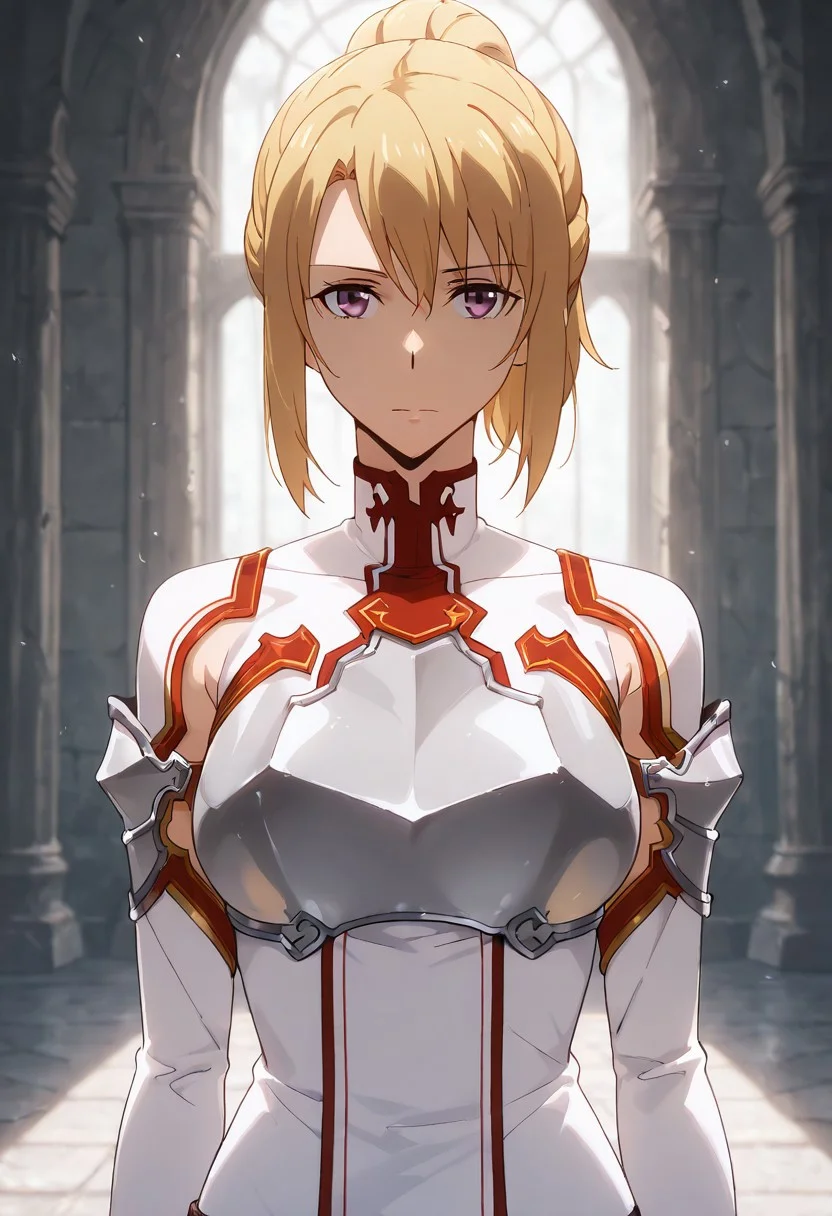 <lora:Hae In CHA:1>,
Hae-In CHA, Knights-of-the-Blood-Oath-uniform, solo, breasts, closed mouth, medium breasts, single hair bun, front view, purple eyes, blonde hair, high ponytail, standing, serious,