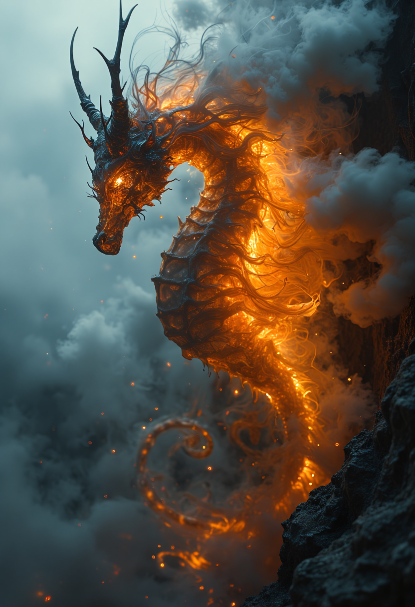 a dipiction of a fire seahorse, (disintegrating and dissolving into fog and smoke:1.9), (blending form with reality:1.9). Framed in thick volumetric fog. diffused light, delicatly, whispering, eye catching masterpiece artwork. drifting fog, cracked light and scattering smoke in a dreamlike reality.