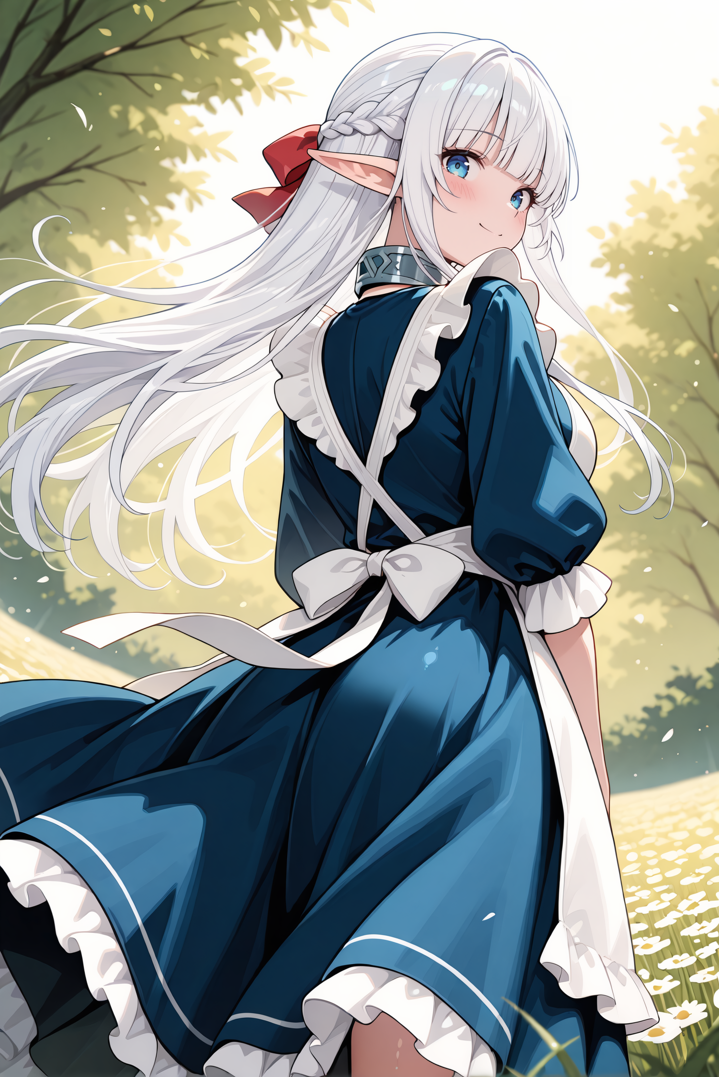 masterpiece, best quality, very aesthetic, absurdres, ultra-detailed, highly detailed, cowboy shot, shiny skin, wind lift, from below, blush, (long dress:1.2),  from behind, looking back, 
meadow, wind, outdoors, smile, looking at viewer, standing,
<lora:Nephelia-08:1> nephelia, 1girl, long hair, white hair, braid, pointy ears, french braid, elf, blue eyes, ribbon, apron, sidelocks, dress, bow, hair ribbon, maid, hair bow, frills, blunt bangs, blue dress, white apron, collar, red bow, metal collar,
<lora:illustrious_noobai_epsilon_pred_11_very_aesthetic_v1_1029791:1>
(lazypos:0.7)