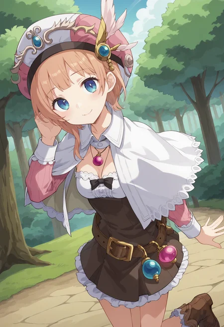 score_9, score_8_up, score_7_up, score_6_up, score_5_up, score_4_up , anime coloring ,BREAK source_anime, anime,screencap,
1girl, solo, a11, breasts, long sleeves, white cape, belt accessory, pink necklace, pink headwear, belt, brown footwear, brown dress, <lora:PonyXL RoronaF V1:0.9>
Outdoors, forest, detailed background,
smile, looking at viewer,