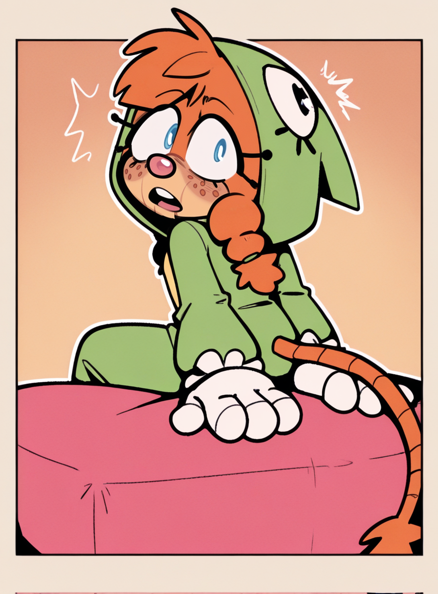 1girl, solo, furry,
<lora:Belle:0.9> belle the tinkerer, white gloves, kigurumi, dinosaur hood, frilled trim, ankle socks, tail, mittens,
sitting, slight lean back, jaw dropped, gleaming eyes, surprised,  <lora:headache:1> hedach, extremely detailed, highres, masterpiece, best quality