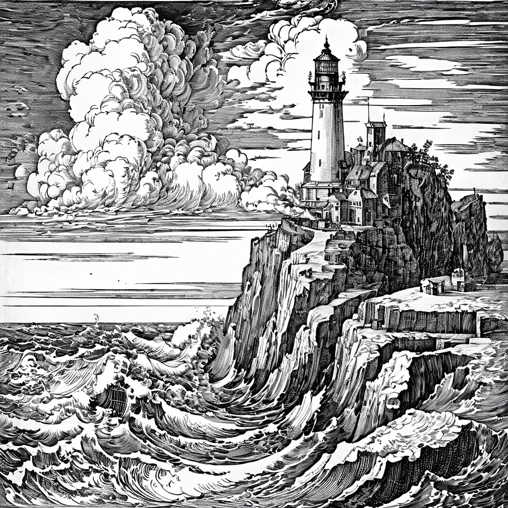 durer, engraving, monochrome, lighthouse on a high cliff, rough sea, puffy clouds, <lora:DURER-01:1>