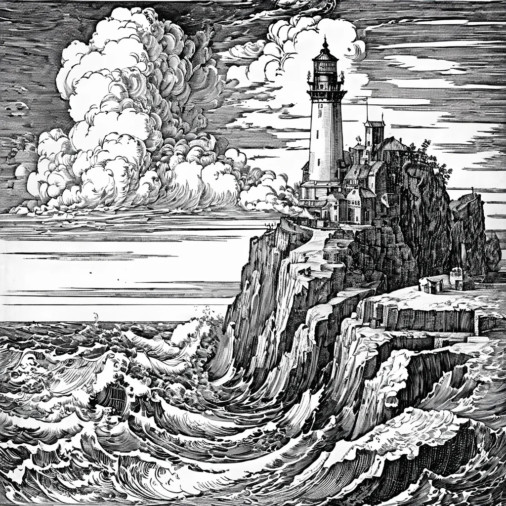 durer, engraving, monochrome, lighthouse on a high cliff, rough sea, puffy clouds, <lora:DURER-01:1>