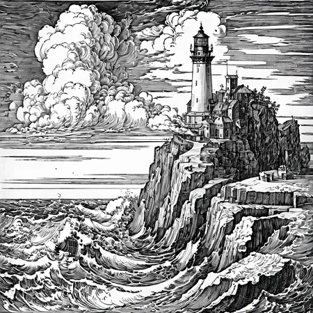 durer, engraving, monochrome, lighthouse on a high cliff, rough sea, puffy clouds, <lora:DURER-01:1>