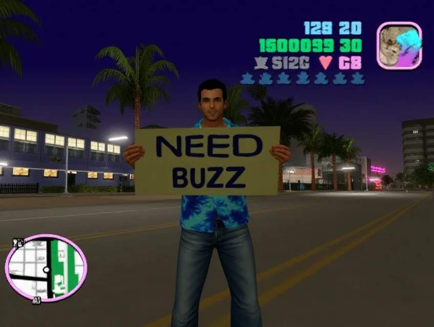 <lora:gta-vice-city:1> _GTA_VC_, Tommy Vercetti, in his iconic blue Hawaiian shirt and jeans, is looking at the viewer and holding a sign that reads:("NEED BUZZ"). The HUD is fully visible in the corners of the screen, with the hand icon shown in the slot on the right. Tommy's health bar is partially depleted, showing a red bar near the bottom left, while the radar map in the bottom left corner highlights nearby streets and objectives. The palm trees and neon-lit buildings of Vice City stand in the background under a darkening sky.