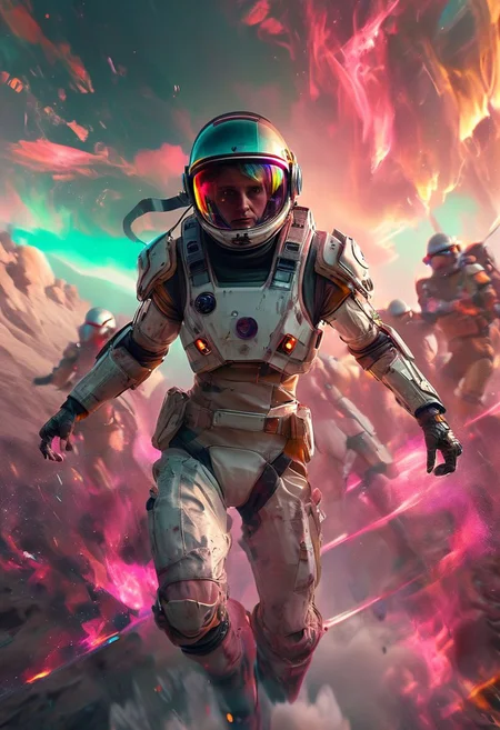 (Glitch, real life, woman next to a river in space, space helmet with clear visor, future war, spaceship in the background sky, crowd in the background, beautiful sunset afterglow environment, jarring optical effect, layered effects, dark shadows, hazy, grainy:1.2), (floating above pov, a woman looking shocked, caped crusader, muted pastel natural colors, HDR, 5mm:1.2), (art by (Marcel Marlier:1.1) and (John Sibbick:1.2)), Explosion Artstyle