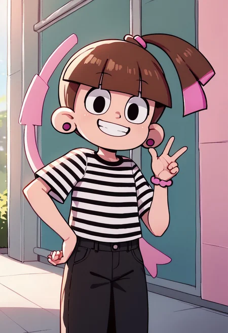 score_9, score_8_up, score_7_up BREAK SonyaToast, 1girl, brown hair, blunt bangs, black eyes, ponytail with pink accents, pink scrunchie, fuchsia pearl earrings, short-sleeved black white striped shirt, black pants, pink white high-top sneakers, smiling at viewer, cartoon, source_cartoon, child,