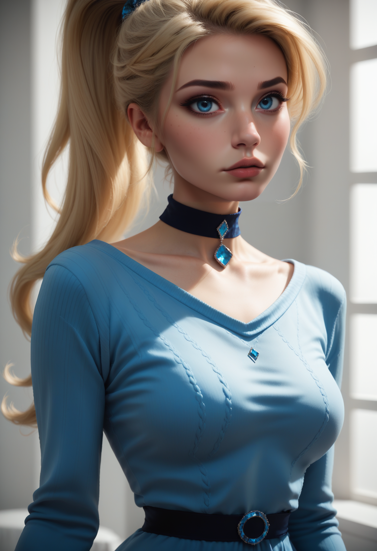score_9, score_8_up, score_7_up,
1girl, solo, sexy sweater dress, blue dress, scoop neck, long sleeves, black choker, sapphire choker jewel,
<lora:Dark_Sapphire_Pony_v0.1:0.5> d4rks4pph1r3, blonde hair, ponytail, blue eyes,