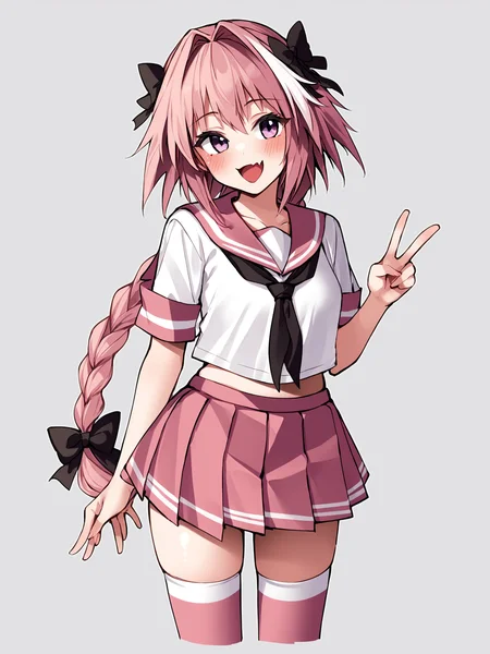 score_9, score_8_up, score_7_up, score_6_up, score_5_up, score_4_up, rating_safe
BREAK
astolfo \(fate\), otoko no ko, pink hair, braid,
BREAK
solo, standing, pink serafuku, white shirt, pink thighhighs, pink skirt, peace sign,
BREAK
white background, <lora:Lunas-Ebifurya-SDXL-A1:1>