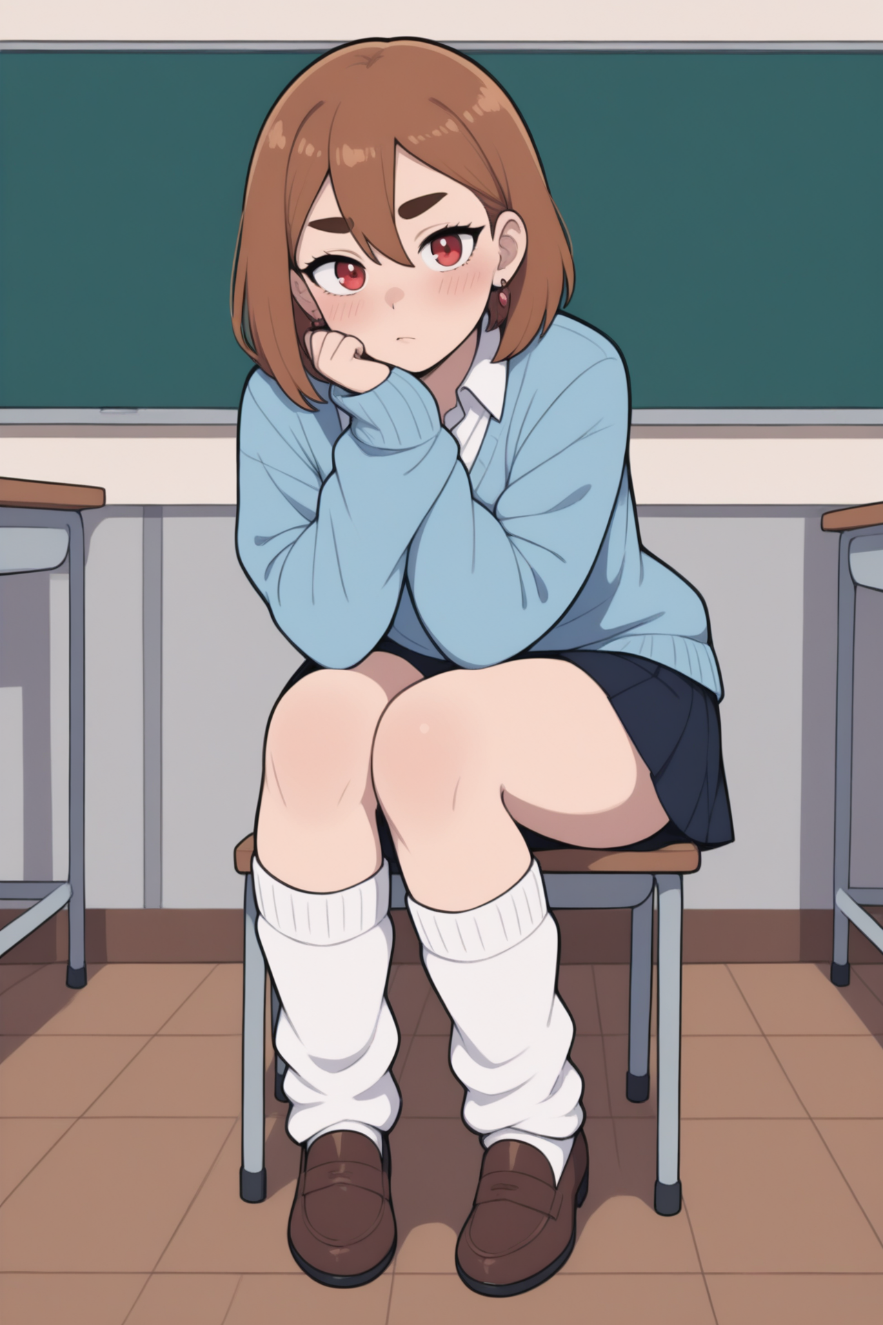 masterpiece,best quality,flat colors
,solo,kneehighs,brown hair,jewelry,classroom,highres,hair between eyes,loose socks,full body,long sleeves,red eyes,indoors,short hair,sverhnova,white socks,miniskirt,thick eyebrows,blush,brown footwear,sleeves past wrists,absurdres,looking at viewer,dandadan,earrings,ayase momo,hair behind ear