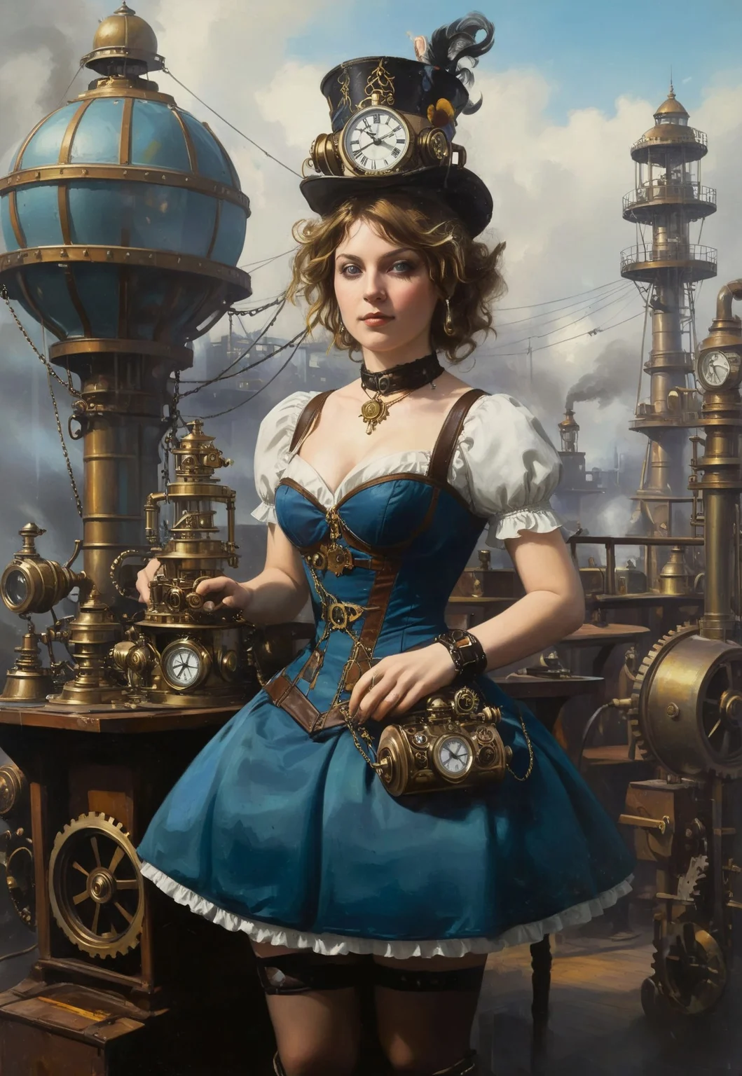 dystopian dark ambient, illustration,oil painting, carravagio painting styles, rembrandt painting style,
Imagine Alice in a steampunk-inspired Wonderland, filled with intricate brass machinery, steam-powered contraptions, and clockwork creatures. Alice, now a daring inventor, wears a corset-laced blue dress with leather accents, a pocket watch on a chain, and goggles perched atop her head. The Mad Hatter hosts tea parties with mechanical teapots pouring endless cups, while the Cheshire Cat appears as a hologram projected by gears and spinning disks. The Queen of Hearts rules a vast industrial empire, her minions clad in iron armor with gears churning as they move. The landscape is a mix of Victorian elegance and industrial chaos, with airships floating in the smog-filled skies and sprawling mechanical gardens powered by steam vents. The atmosphere is vibrant yet gritty, a blend of whimsy and the hard edges of industrial ingenuity
easynegative, extremely detailed, cellulite, a painting, in the style of robert-bechtle