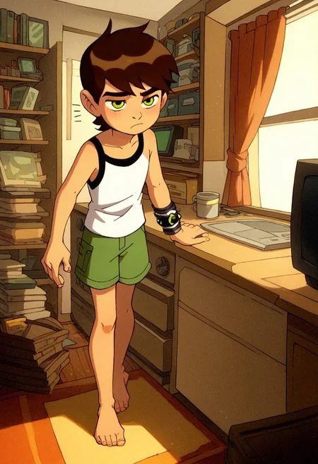 score_9, score_8_up, score_7_up, score_6_up, score_5_up, score_4_up, cute boy , standing, ((solo)), brown hair, green eyes, bracelet, sleepy ,
wear pijamas, tiny shorts , Tank top shirt , bare foot , messy bedroom , tv , games , windows , sun.