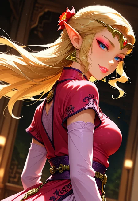 ultra realistic, masterpiece, high detailed skin, best quality, high res, very aesthetic, anime style, studio anime, source_ecchi, anime, (finely detailed face), (petite body:1.3), <lora:ootzelda-illu-nvwls-v1-000006:1> ocarzld, blonde hair, long hair, sidelocks, blue eyes, pointy ears, gold tiara, earrings, large breasts, makeup, smokyeyes, lash, pink mascara, puffy lips, glossy pink lips, 1girl, floating hair, jewelry, long hair, hair ornament, solo, flower, earrings, lips, chinese clothes, eyelashes, makeup, wind, bright red lips, red flower, dress, looking back, long sleeves, lipstick, hair flower, breasts, naughty grin on her lips, short sleeves, and the lighting is soft and warm. dramatic scenery, intricate details, (blurry background, depth of field:1.1), erotic and aesthetic, lascivious pose, aroused, dynamic dutch angle, from below, blurry background, bright colors, stunningly artwork, (blurry background, depth of field:1.1),