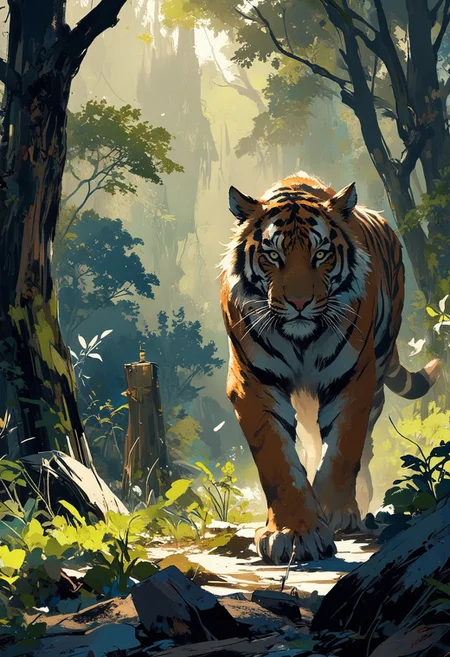 Mh1$AgThS2, intricate linework with expressive contrasts, soft lighting with dynamic highlights, a bengal tiger walking down a tropical woodland animal trail, dense woodland, dappled sunlight, In the style of ff-td