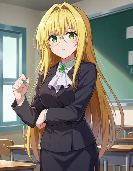 score_9, score_8_up, score_7_up, source_anime,
tearjulunatique, <lora:tearju-lunatique-ponyxl-lora-nochekaiser:1>,
tearju lunatique, long hair, blonde hair, green eyes, sidelocks, glasses,
shirt, collared shirt, white shirt, suit, formal suit, long sleeves, ascot, white ascot, gemstone, green gemstone, skirt, pencil skirt,
indoors, classroom, teaching, chalkboard,
looking at viewer, cowboy shot, dutch angle, dynamic pose,