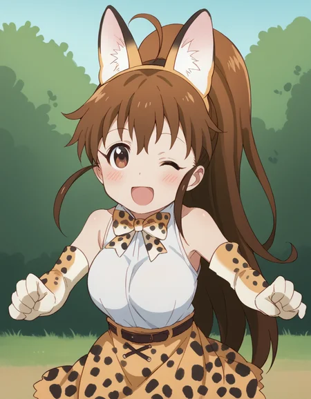 score_9, score_8_up, score_7_up, source_anime, <lora:popura-taneshima-s2-ponyxl-lora-nochekaiser:1>, popura taneshima, long hair, brown hair, brown eyes, ponytail, ahoge, large breasts,, <lora:serval-cosplay-ponyxl-lora-nochekaiser:1>, serval cosplay, serval (kemono friends) (cosplay), serval print, print bowtie, print bow, two-tone bowtie, orange bowtie, two-tone bow, print skirt, white bowtie, orange bow, animal ears, belt, cat ears, fake animal ears, gloves, leopard print, yellow skirt, white shirt, sleeveless, sleeveless shirt,, savannah, open mouth, blush, smile, one eye closed,, cowboy shot, looking at viewer,