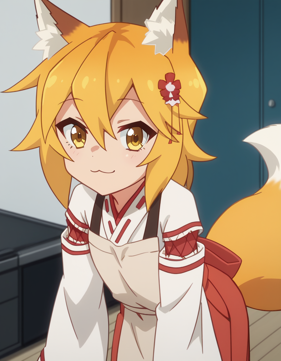 score_9, score_8_up, score_7_up, source_anime,
kitsunesenko, <lora:kitsune-senko-s1-ponyxl-lora-nochekaiser:1>,
senko, bangs, blonde hair, hair ornament, animal ears, hair between eyes, yellow eyes, flower, hair flower, animal ear fluff, fox ears, red flower, fox girl,
long sleeves, tail, japanese clothes, wide sleeves, kimono, apron, ribbon trim, hakama, hakama skirt, ribbon-trimmed sleeves, white kimono, miko, brown apron,
indoors, bent over, smile,
solo, dutch angle, looking at viewer, cowboy shot,